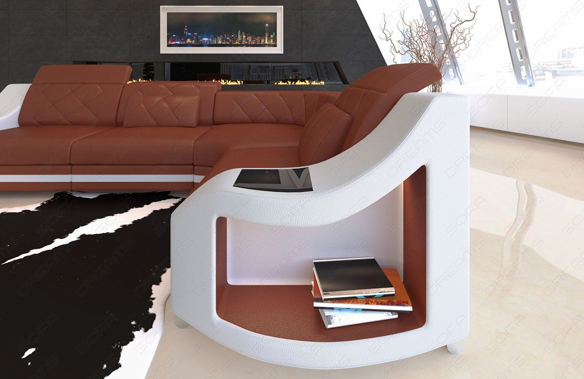 Mini Ledersofa Genua in der L Form braun - weiss