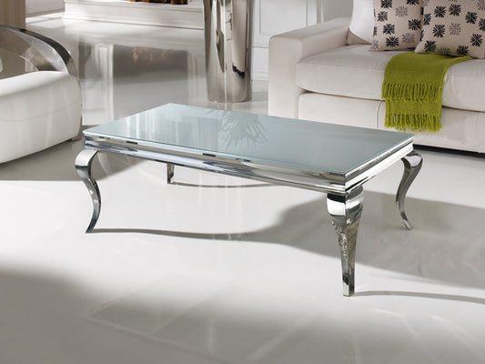 Moderner Design Couchtisch Barroque aus Edelstahl mit Milchglas Tischplatte