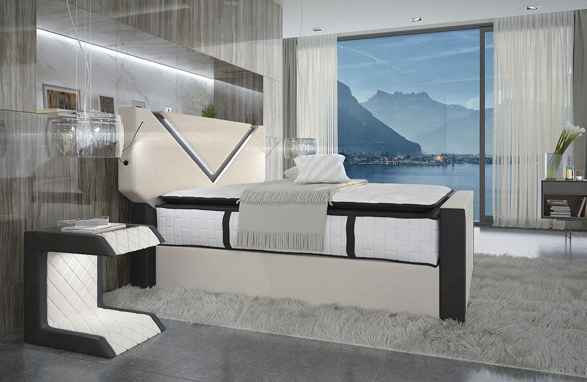 Boxspringbett Schlafzimmer Bett Lyon mit Beleuchtung in elfenbein - Mineva 1