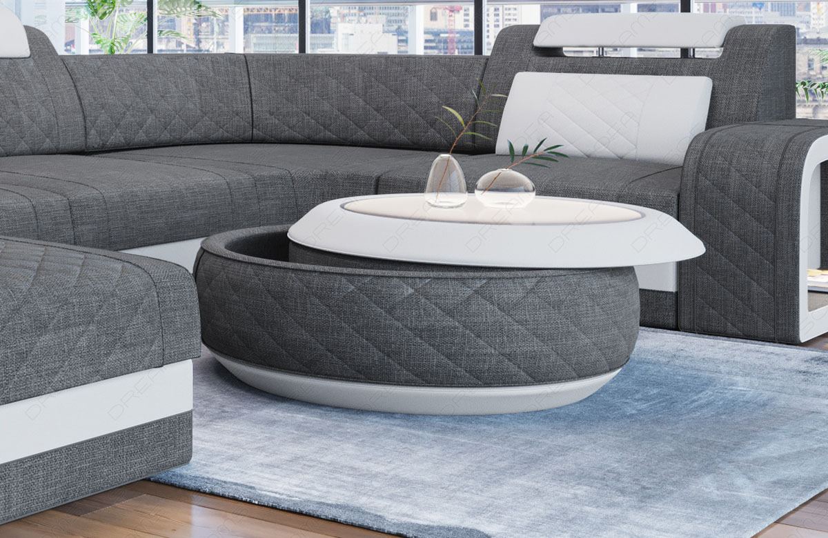 Moderner Couchtisch Berlin mit LED Beleuchtung in Webstoff Hugo5 - grau