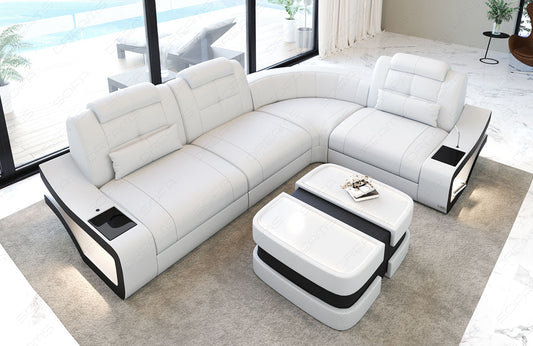 Ledersofa Elena Mini L Form in weiß-schwarz