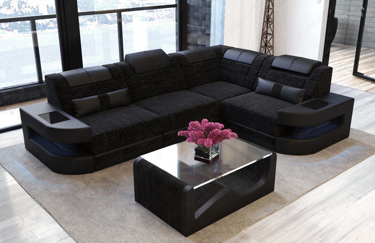Polster Ecksofa Como L Form mit LED-Beleuchtung in dunkelgrau - Hugo13 Strukturstoff
