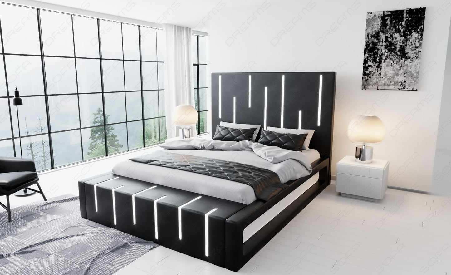 Designerbett Milona in schwarz mit weissem Seitenkasten