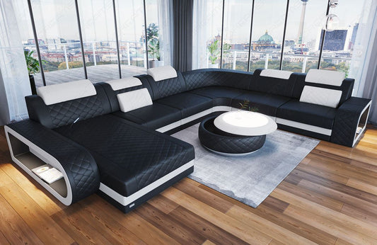 Mini U Form Ledersofa Berlin XXL mit schmalen Sitzflächen in Farbe weiss