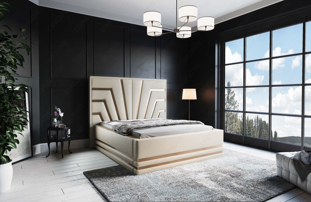 Design Bettgestell Cecina in Beige mit goldenen Zierleisten - Matratze und Lattenrost optional erhältlich