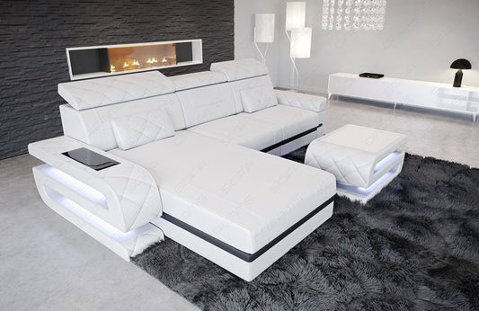 Ledersofa Bologna mit LED Licht und USB in weiss - schwarz