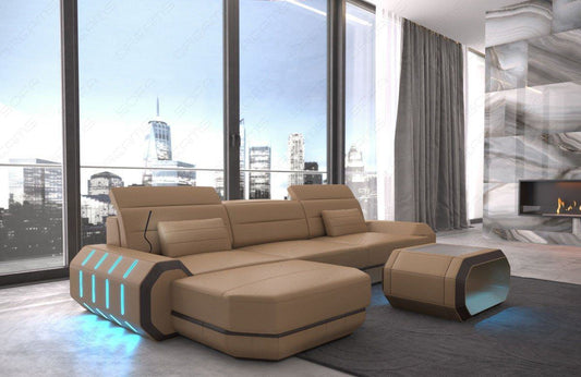 L Form Ledersofa Roma Mini mit LED - sandbeige-schwarz