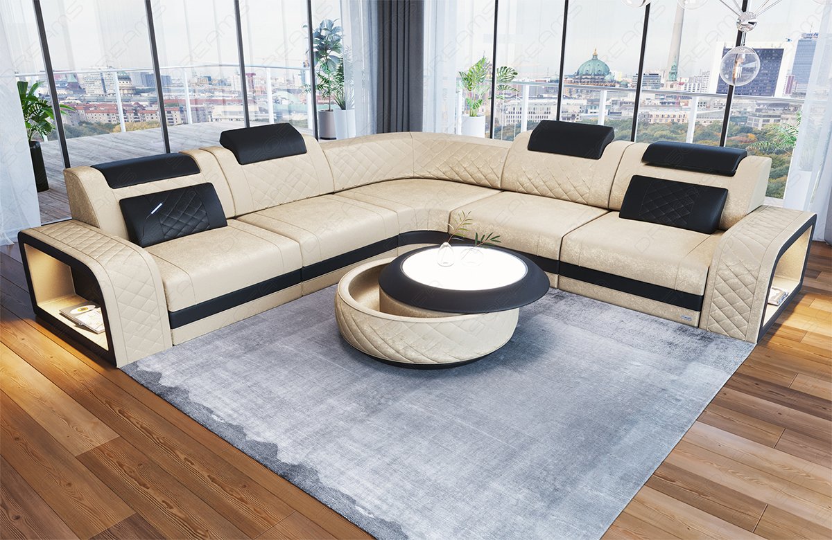 Ecksofa Foggia L Form Stoff in creme - SunVelvet1001 - Akzentfarbe schwarz