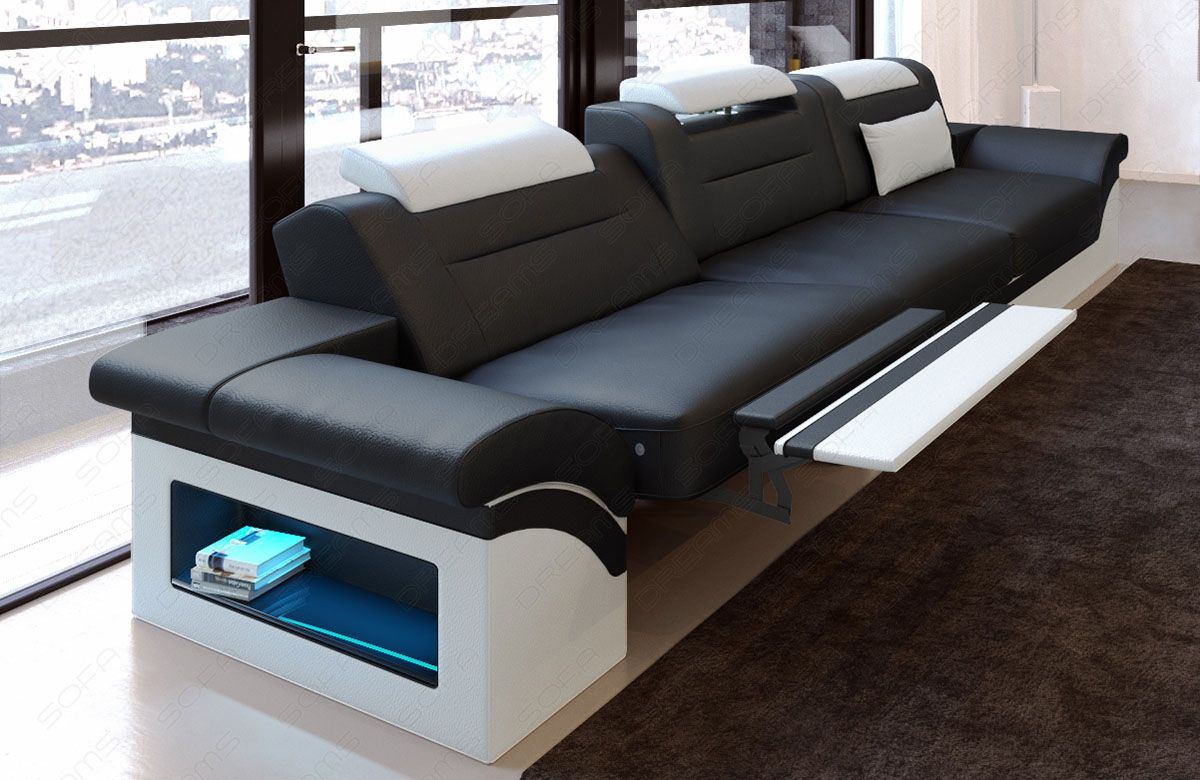 3 Sitzer Designersofa Monza in den Farben schwarz-weiß - Die LED Beleuchtung, USB Anschluss und Relaxfunktion sind optional erhältlich.