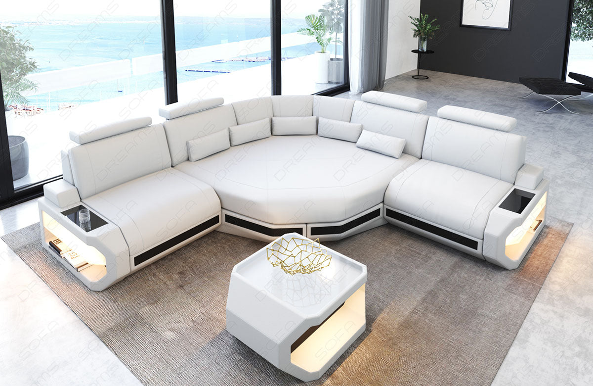 Design Leder Ecksofa Asti L Mini mit LED Beleuchtung in weiß-schwarz