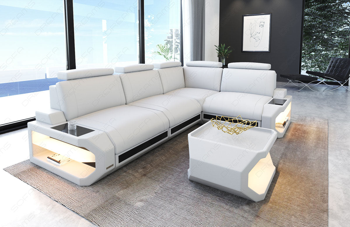 Modernes Leder Ecksofa Siena L Form in weiß-schwarz