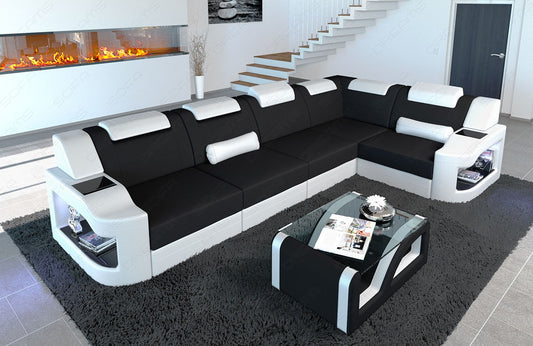 Polster Eckcouch Padua L mit LED in Mikrofaserstoff Mineva14 - schwarz