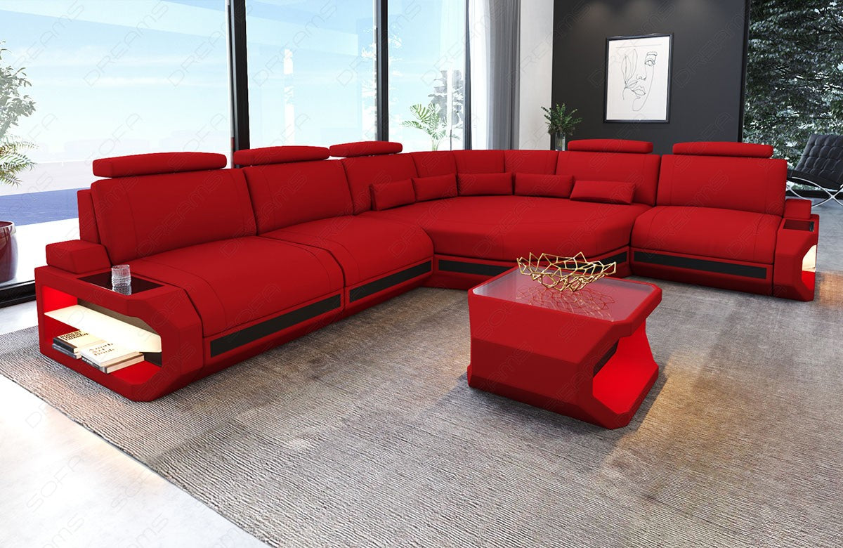Design Eck Sofa Asti L Form in rot - Mineva20 / optional sind Couchtisch und USB-Anschlüsse bestellbar