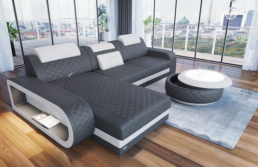 Leder Ecksofa Berlin L Form Mini in grau-weiß