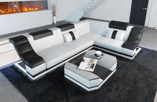 Modernes Leder Ecksofa Bianchi L Form mit LED-Beleuchtung in weiß-schwarz