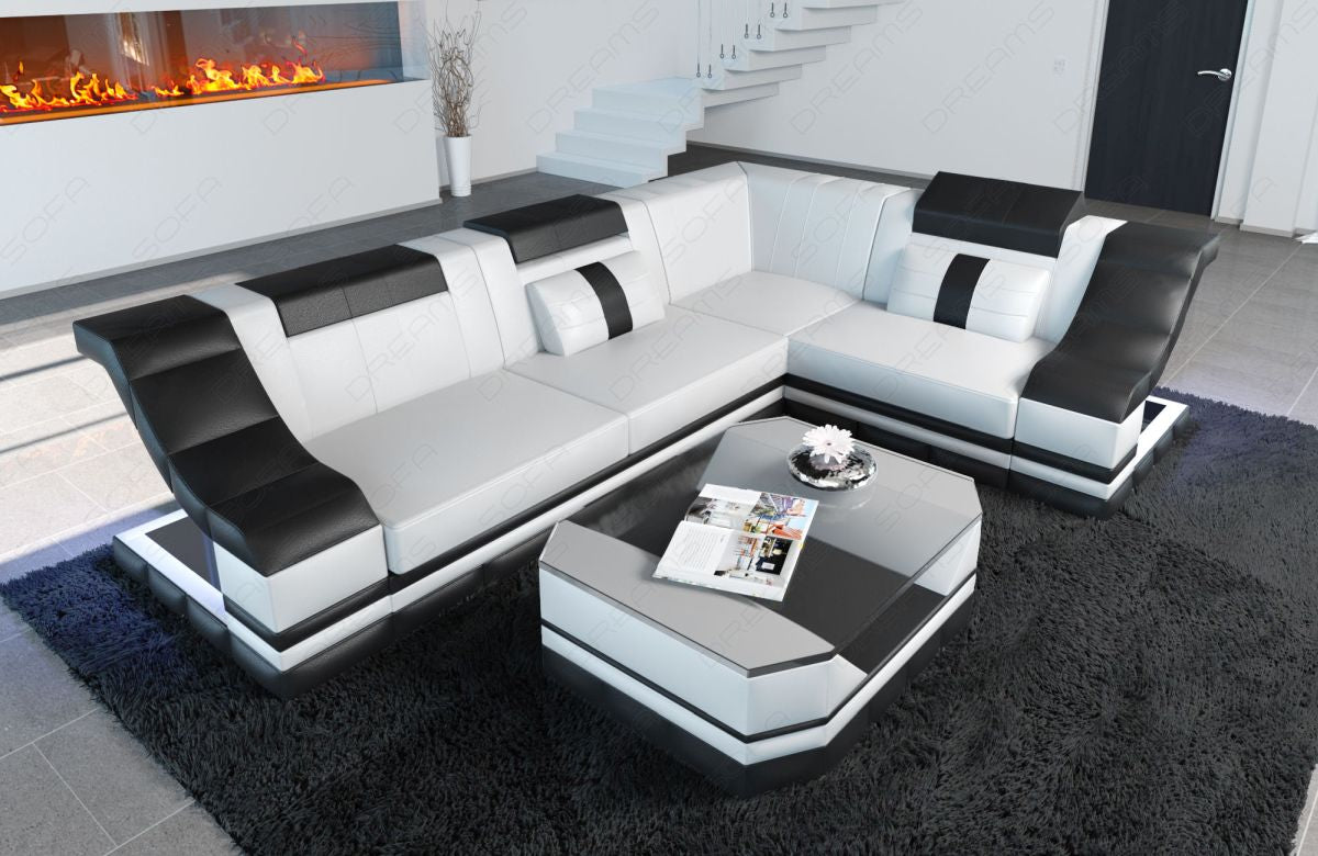 Modernes Leder Ecksofa Bianchi L Form mit LED-Beleuchtung in weiß-schwarz