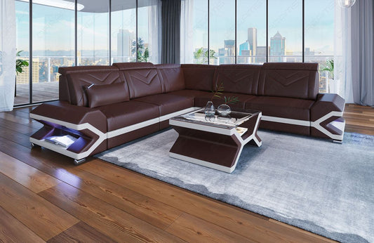 Ecksofa Design Sorrento L Form Leder in dunkelbraun-weiss