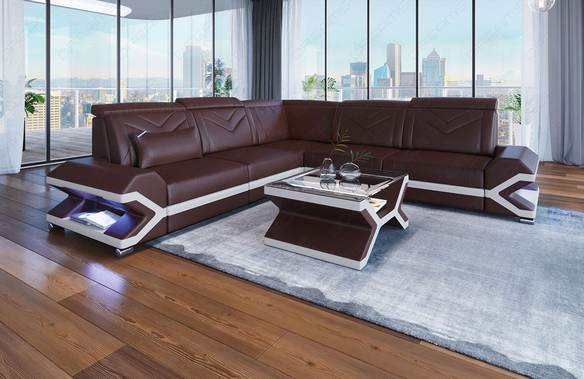 Ecksofa Design Sorrento L Form Leder in dunkelbraun-weiss