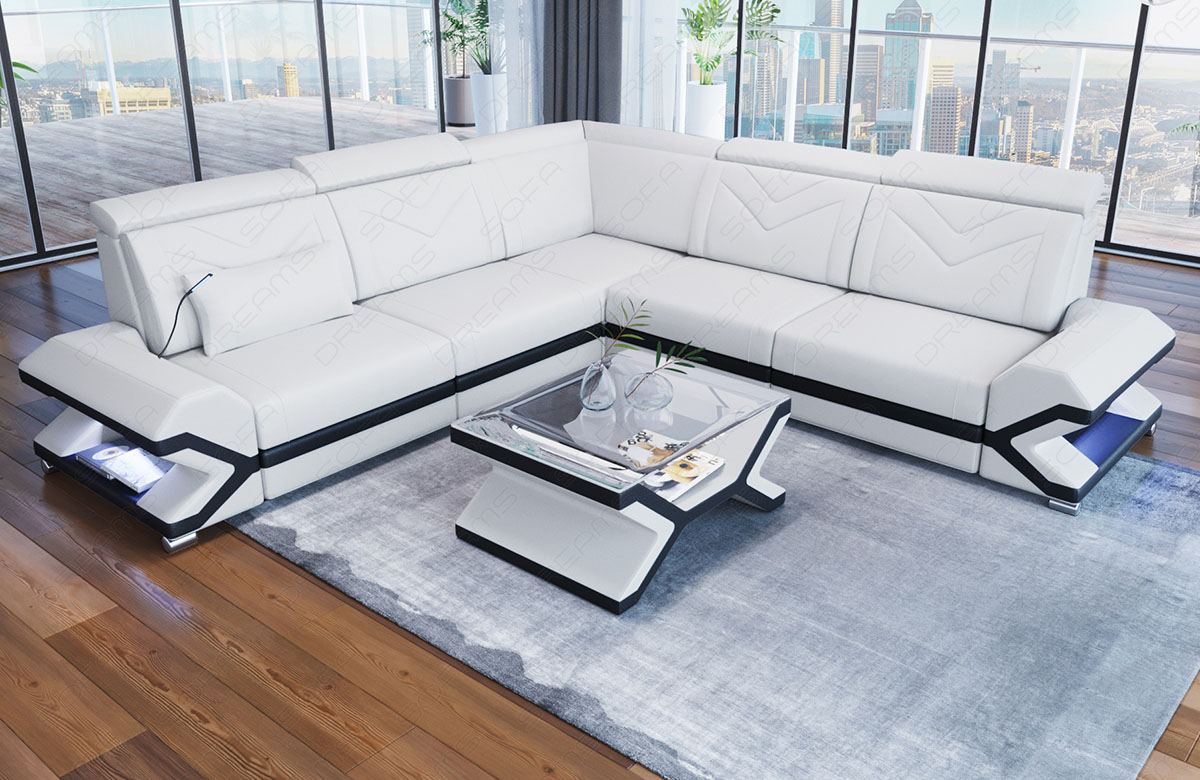 Ecksofa Sorrento L Form Leder in weiss-schwarz