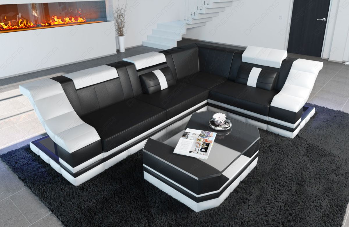 Modernes Leder Ecksofa Bianchi L Form mit LED-Beleuchtung in schwarz-weiß