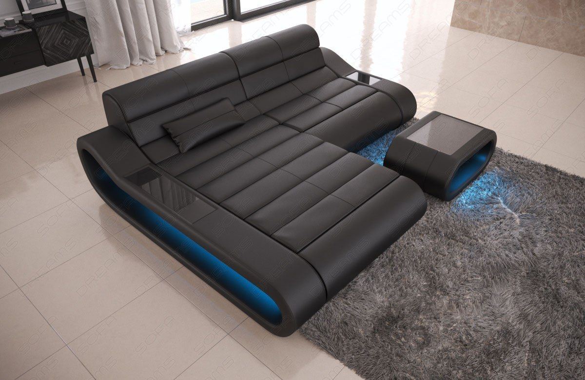 Ecksofa Echtleder modern mit Beleuchtung Concept L Form - schwarz