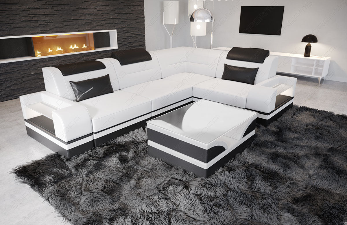 Leder Ecksofa Trivento L Form kurz in weiß-schwarz mit LED-Beleuchtung
