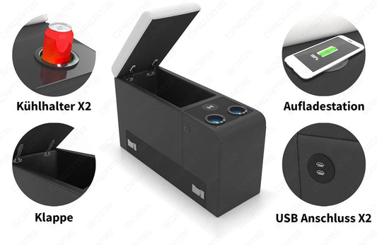 Zusatzelement mit kühlenden Becherhaltern (LEDs), Induktions-Ladestation mit Fast-Induktion für schnelles Aufladen, Klappe mit Stauraum und 2x USB-Anschluss - geöffnet