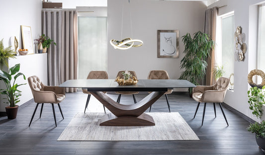 Design Esstisch Dolce mit Tischplatte aus gehärtetem Glas und Keramik / Gestellfarbe: Grau-Nußbaum