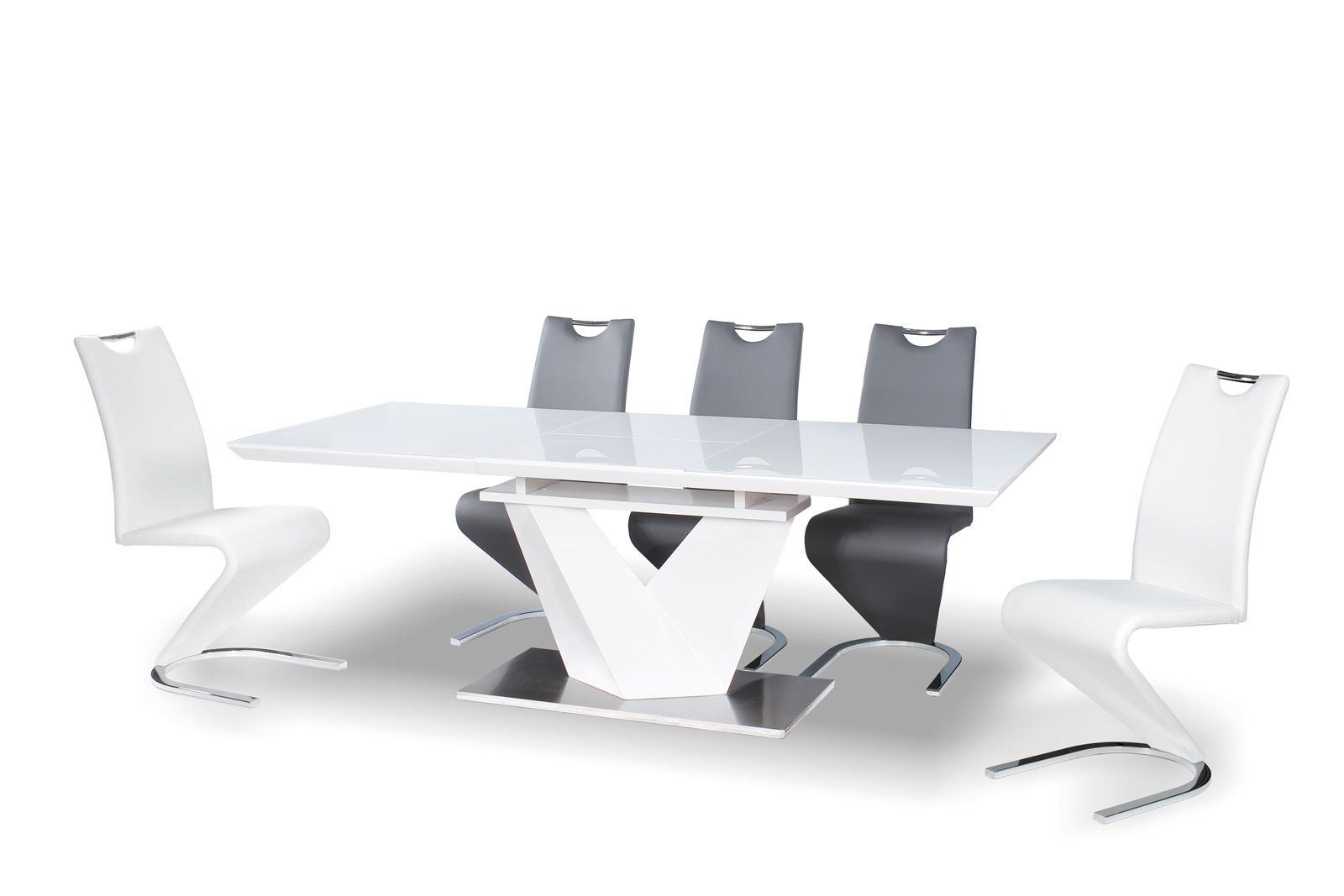 Esstisch Luxor modern mit edler Glas Tischplatte ausziehbar. Tisch in weiss hochglanz.