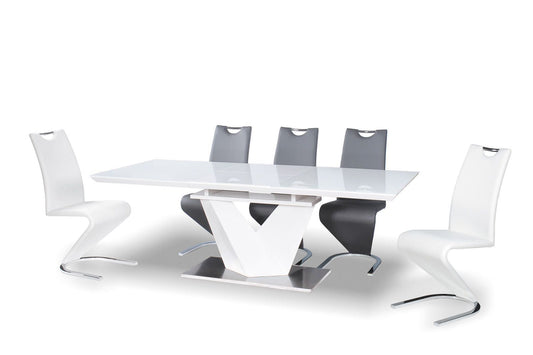 Esstisch Luxor modern mit edler Glas Tischplatte ausziehbar. Tisch in weiss hochglanz.