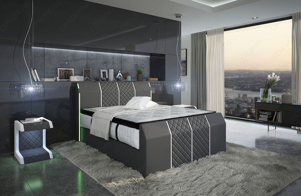 Modernes Boxspringbett Paris grau-weiß mit LED Beleuchtung und USB-Anschluss