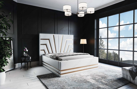 Deluxe Boxspringbett Cecina in Weiß mit goldenen Leisten