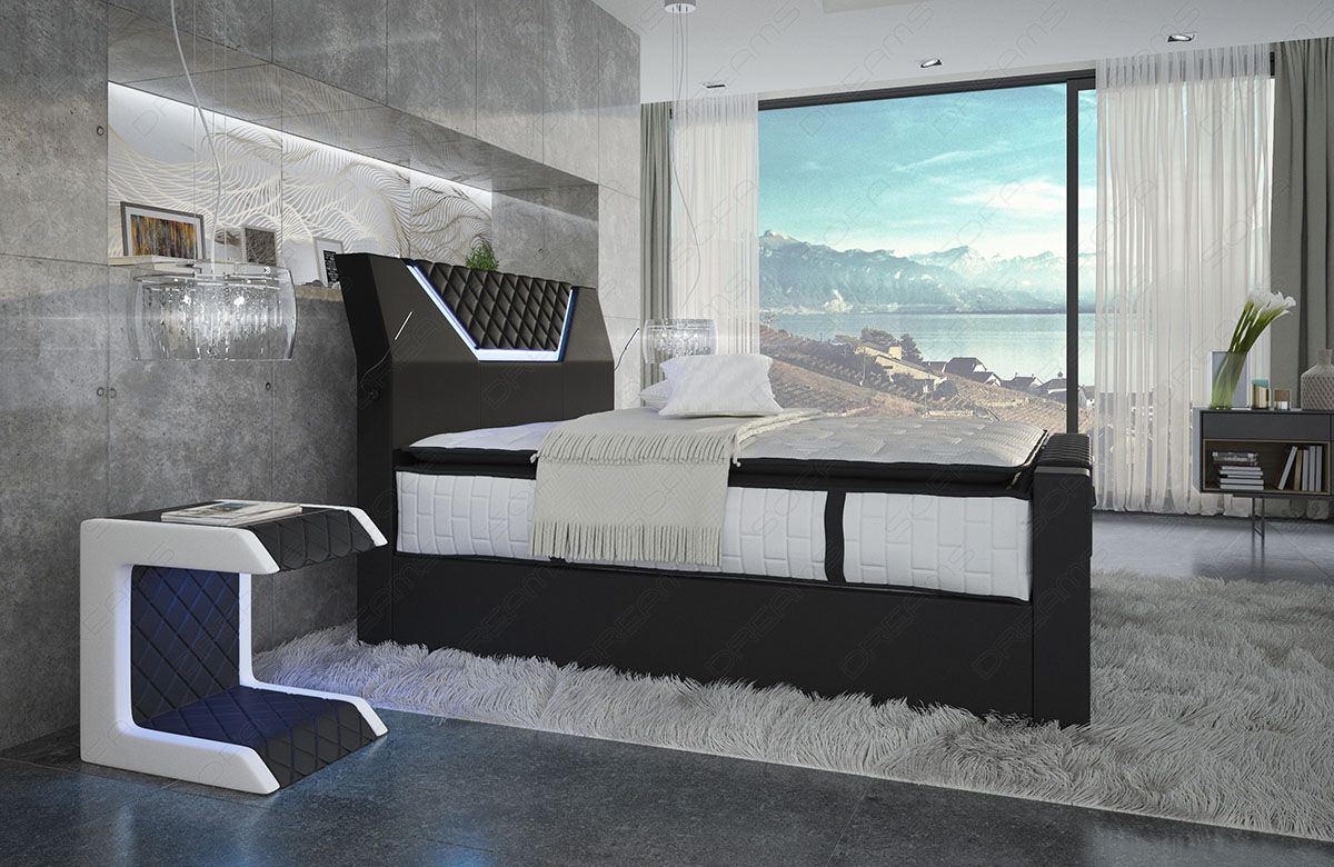 Leder Boxspringbett Nantes in schwarz-weiß und LED Beleuchtung