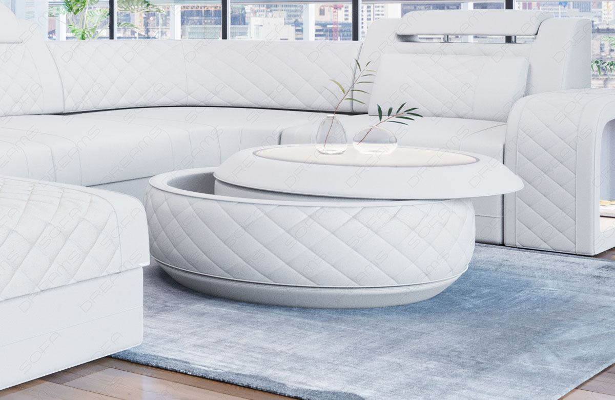 Design Couchtisch Berlin in Leder mit Stauraum in weiss