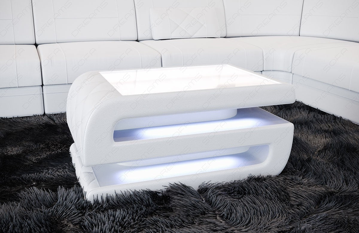Ledercouchtisch Bologna in weiß mit optionaler LED Beleuchtung