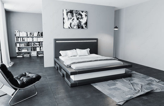 Designer Bett Faenza mit LED Beleuchtung - Kunstleder grau-weiß