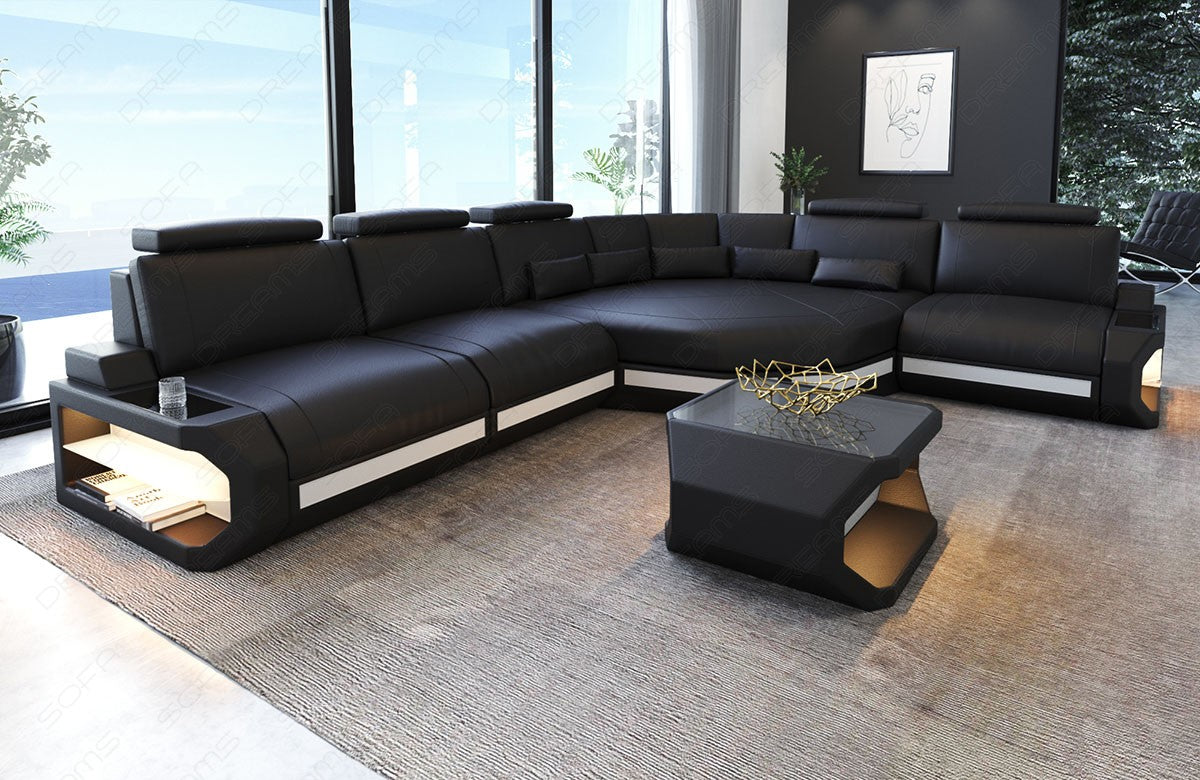 Ledersofa Asti L Form mit LED Beleuchtung und großer Ecke in schwarz-weiß. Couchtisch und USB Anschlüsse sind optional erhältlich.