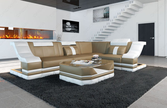Modernes Leder Ecksofa Bianchi L Form mit LED-Beleuchtung in sandbeige-weiß