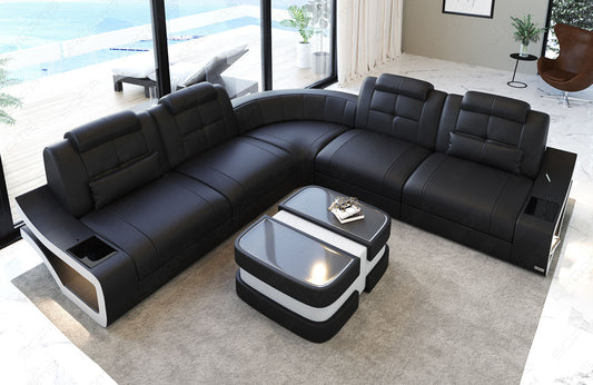 L Form Mini Ledersofa Elena lang in schwarz-weiss