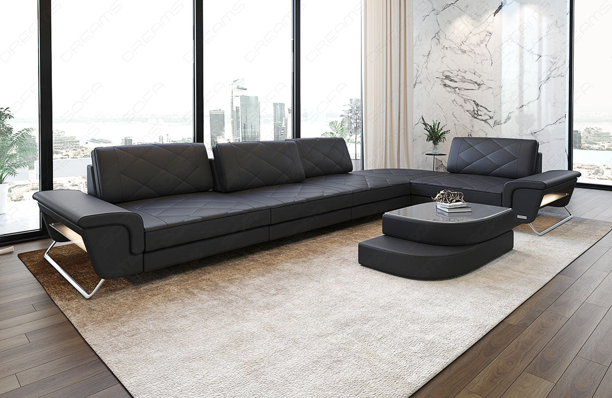 Designer Ledercouch Rotello L Form in grau-schwarz
