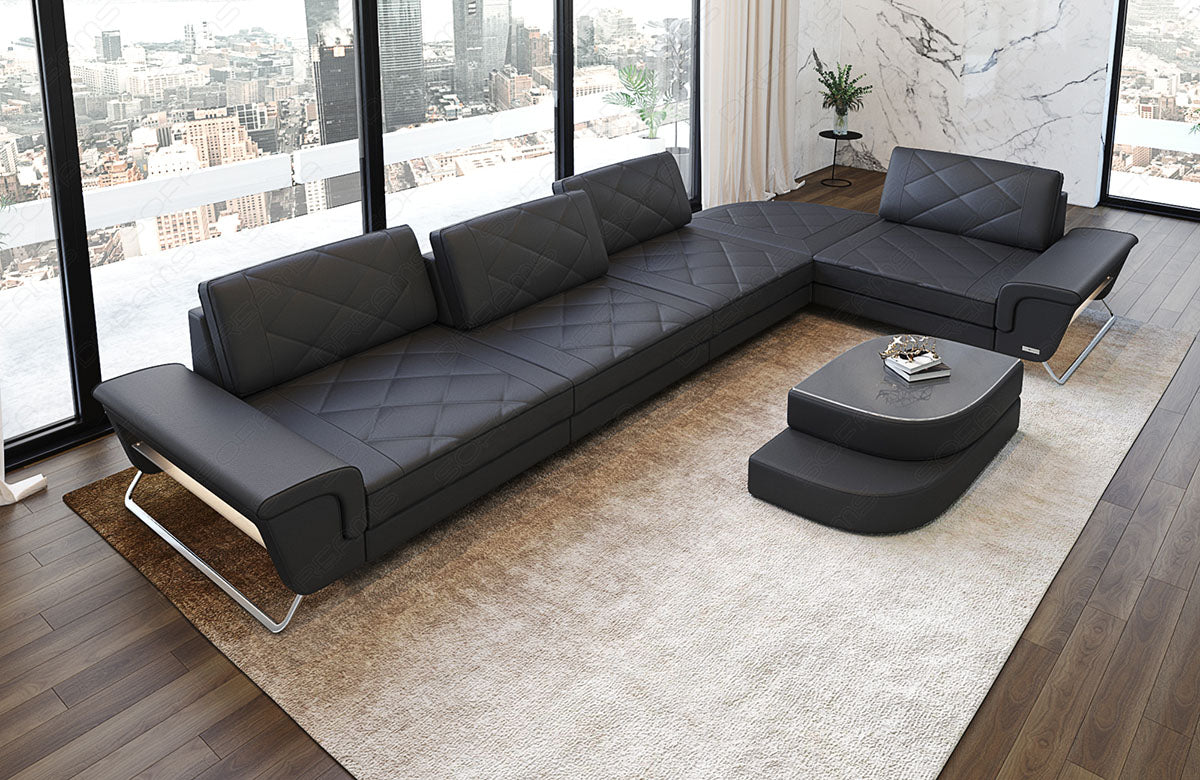 Design Leder Ecksofa Rotello L Form in grau-schwarz
