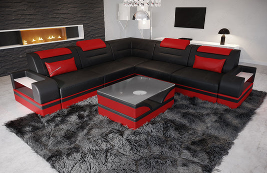 Designer Ledersofa Trivento L Form in schwarz-rot