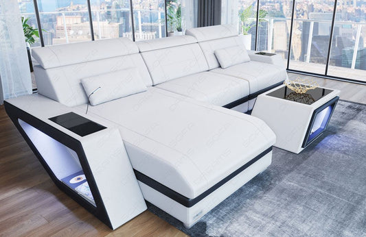 Leder Ecksofa Catania L Form in weiss - schwarz