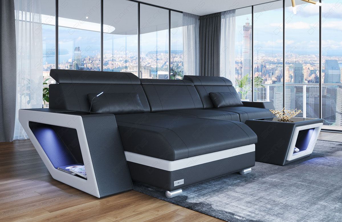 Leder Ecksofa Catania L Form in schwarz - weiss