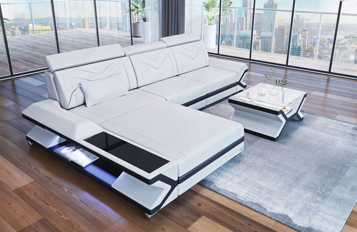 Luxus Ecksofa Napoli L Form in weiss-schwarz