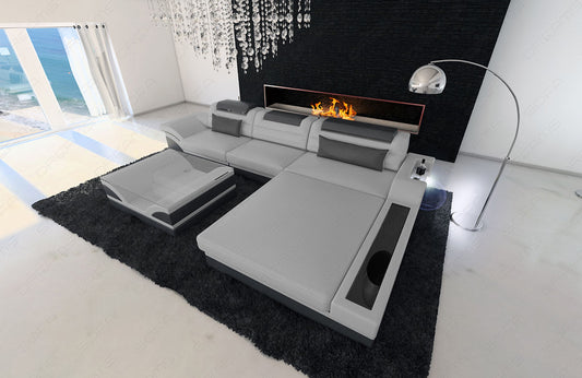 Ledersofa Parma L Form in hellgrau-schwarz