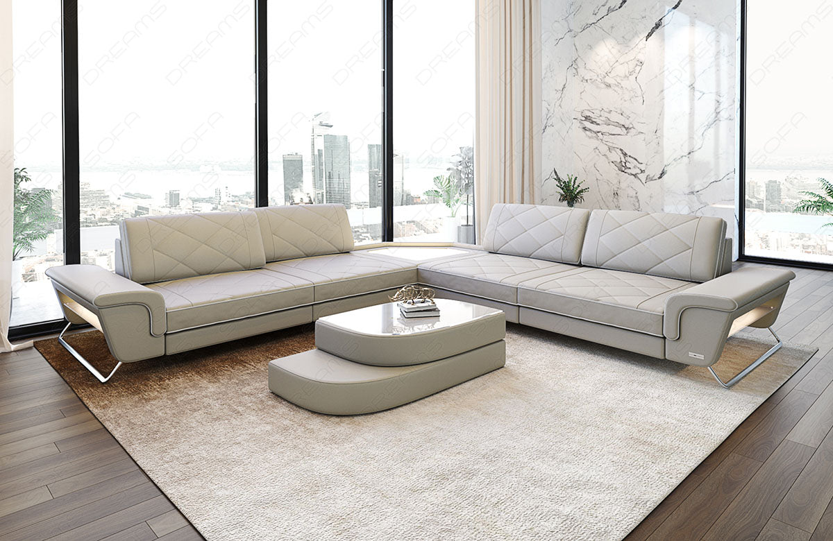 Leder Ecksofa Sepino L Form in beige-weiß mit LED Beleuchtung