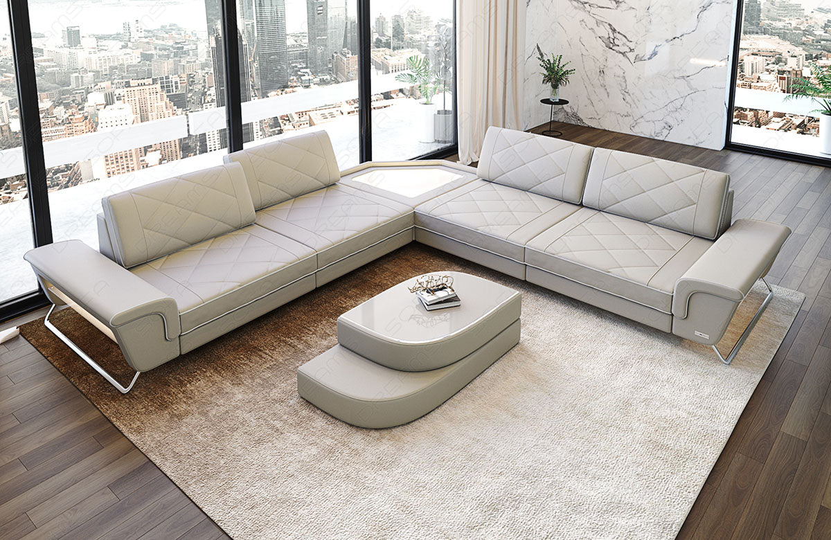 Design Leder Ecksofa Sepino L Form in beige-weiß