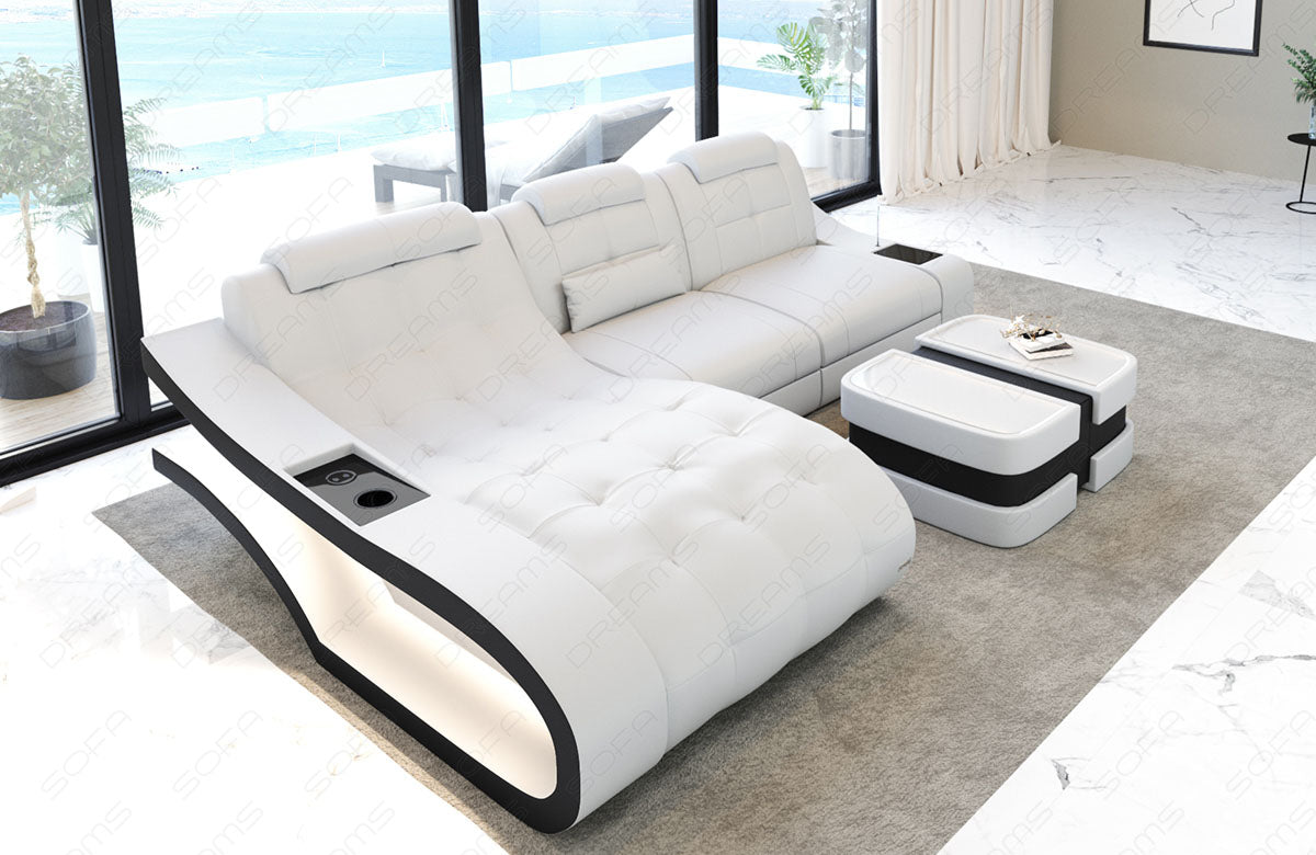 Leder Ecksofa Elegante L Form mit LED Beleuchtung in weiß-schwarz