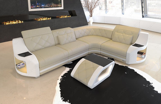Ecksofa Genua L Form Leder in beige-weiss